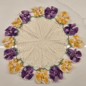 Handmade Purple Pansy Crochet Doily 3-D Flower Border Boho Gypsy